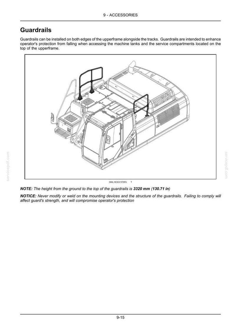 May include: Diagram of a machine with guardrails installed on the upperframe. The guardrails are black and are 130.71 inches high. The diagram includes text about the guardrails and their purpose.