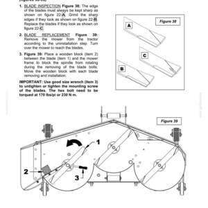 Puede incluir: Una p&aacute;gina de manual t&eacute;cnico titulada MAINTENANCE que detalla el reemplazo de cuchillas para una cortadora. Incluye la Figura 38 que muestra las condiciones del borde de la cuchilla y la Figura 39 que ilustra el uso de un bloque de madera y llave.