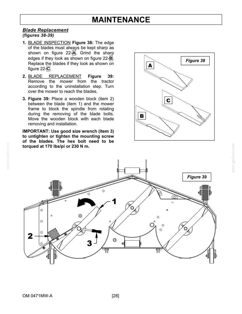 Puede incluir: Una p&aacute;gina de manual t&eacute;cnico titulada MAINTENANCE que detalla el reemplazo de cuchillas para una cortadora. Incluye la Figura 38 que muestra las condiciones del borde de la cuchilla y la Figura 39 que ilustra el uso de un bloque de madera y llave.
