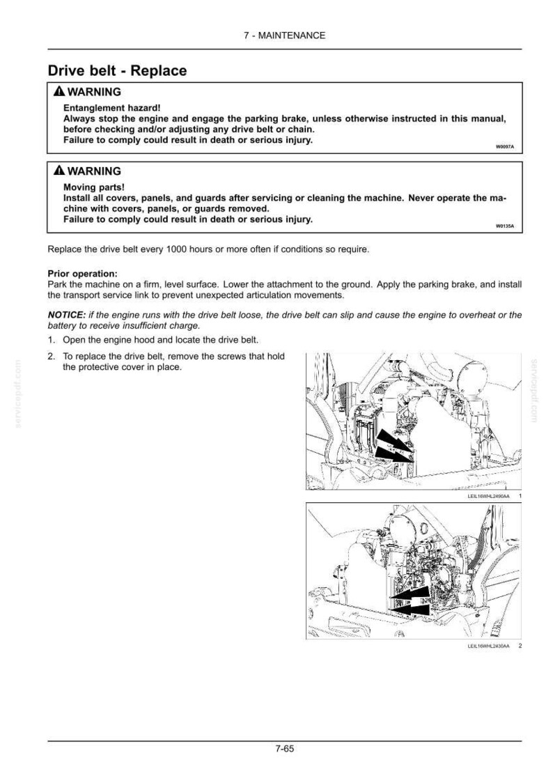 May include: A technical manual page titled 7-MAINTENANCE Drive belt - Replace, featuring safety warnings about entanglement and moving parts, instructions for replacing a drive belt every 1000 hours, and two black and white line drawings of machinery.