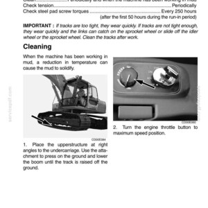 May include: A page from a maintenance manual detailing track service specifications for a machine. Includes instructions for cleaning, checking tension, and tightening screw torques. Also shows an illustration of the machine and engine throttle button.