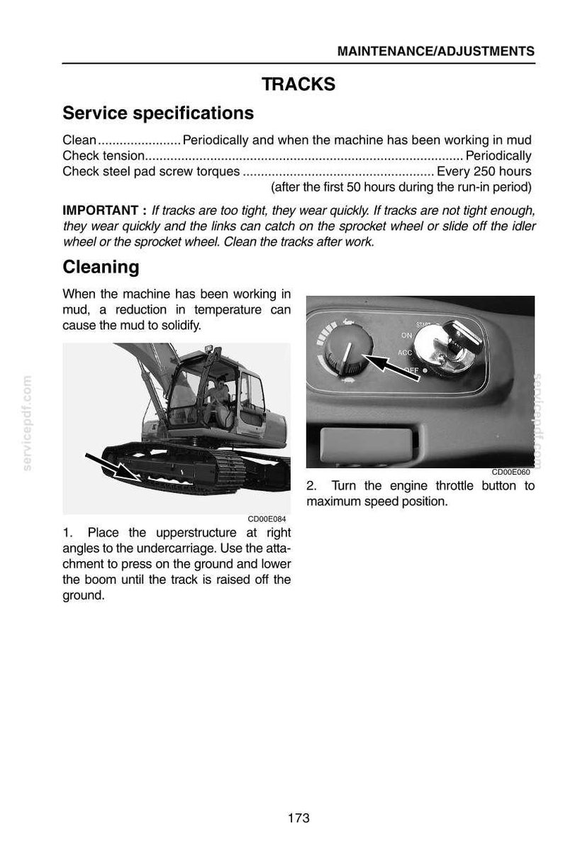 May include: A page from a maintenance manual detailing track service specifications for a machine. Includes instructions for cleaning, checking tension, and tightening screw torques. Also shows an illustration of the machine and engine throttle button.