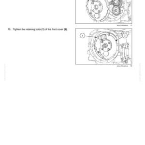 May include: Diagram of semi-powershift transmission internal components. The image shows the front cover assembly and retaining bolts. The text includes instructions for installation and tightening. The diagram is labeled with numbers and arrows.
