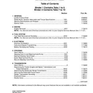 May include: A service manual for MX80C, MX90C, and MX100C tractors. The table of contents lists sections on general information, engine, fuel system, electrical, steering, and transmission. Published by Case Corporation.