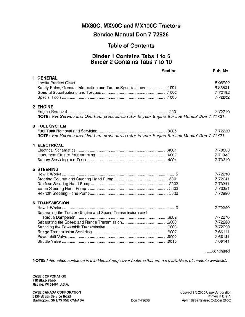 May include: A service manual for MX80C, MX90C, and MX100C tractors. The table of contents lists sections on general information, engine, fuel system, electrical, steering, and transmission. Published by Case Corporation.