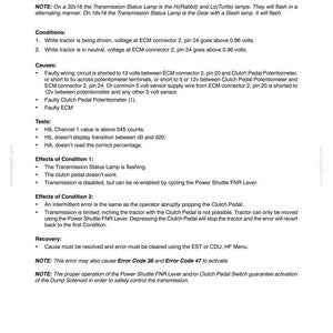 May include: A technical document page titled Section 21 - Transmissions - Chapter 3, detailing Fault Code 12 regarding a clutch pedal potentiometer signal voltage short to 5 or 12 volts, including conditions, causes, tests, effects, and recovery steps.