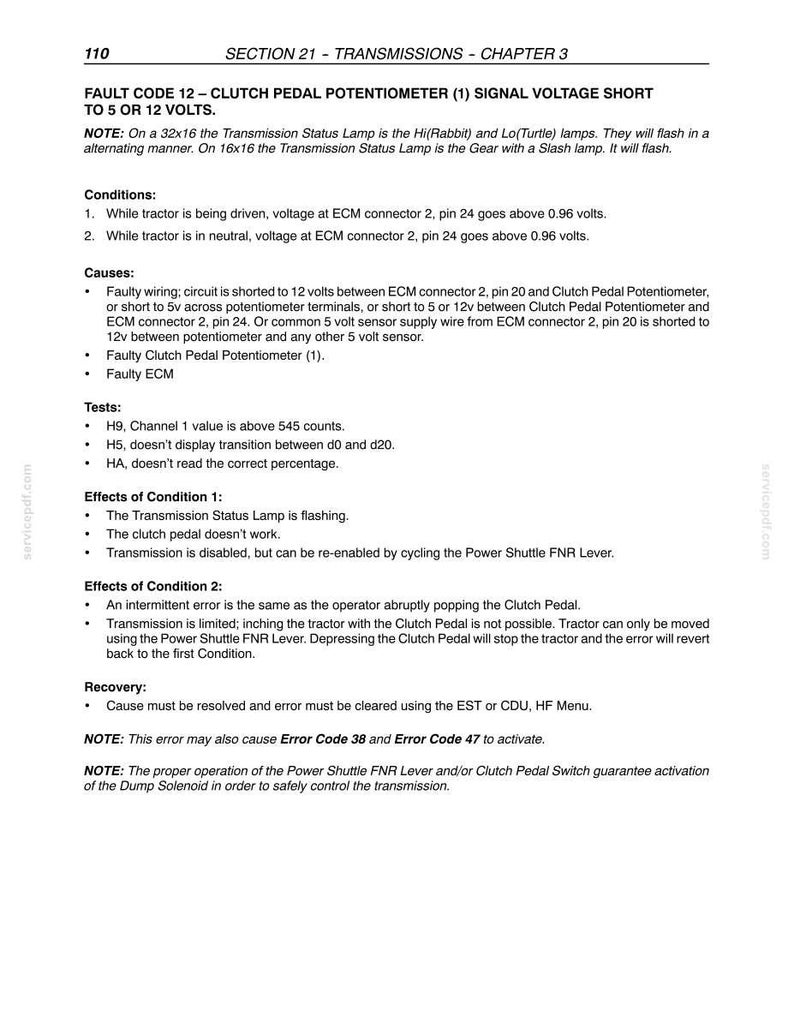 May include: A technical document page titled Section 21 - Transmissions - Chapter 3, detailing Fault Code 12 regarding a clutch pedal potentiometer signal voltage short to 5 or 12 volts, including conditions, causes, tests, effects, and recovery steps.
