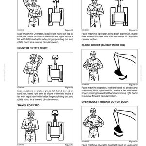 May include: Black and white diagrams showing hand signals for operating heavy machinery. The diagrams depict movements such as counter-rotate, travel reverse, close bucket, and open bucket. Each diagram includes a person and a machine.