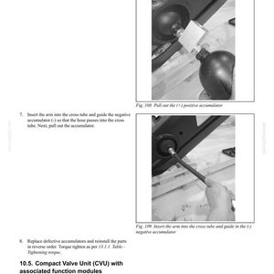 May include: A page from a service manual for loader hydraulics. The image shows close-up diagrams of hydraulic components, including accumulators and a compact valve unit. Text explains procedures for maintenance and repair.