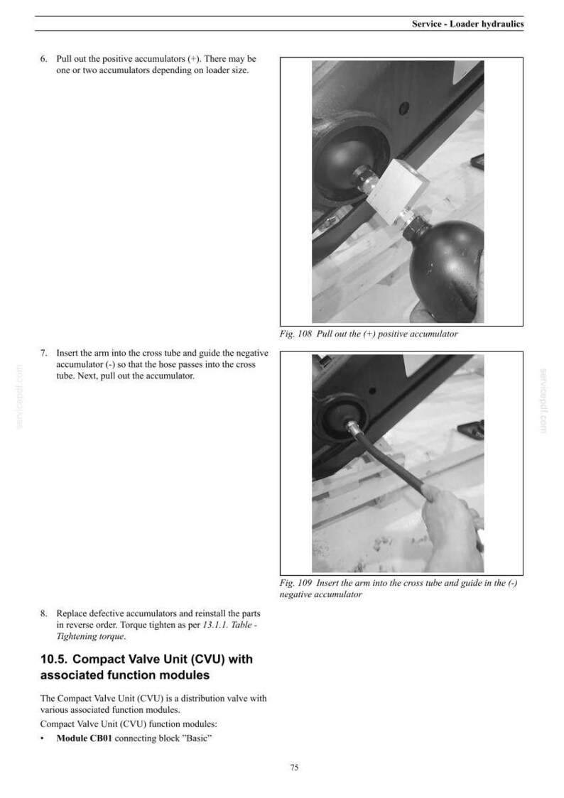 May include: A page from a service manual for loader hydraulics. The image shows close-up diagrams of hydraulic components, including accumulators and a compact valve unit. Text explains procedures for maintenance and repair.