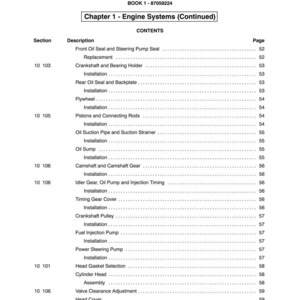 May include: A page from a manual titled "SECTION 10 - ENGINE" with a table of contents for engine systems. The table lists various engine components like seals, pulleys, and pumps, along with their corresponding page numbers.