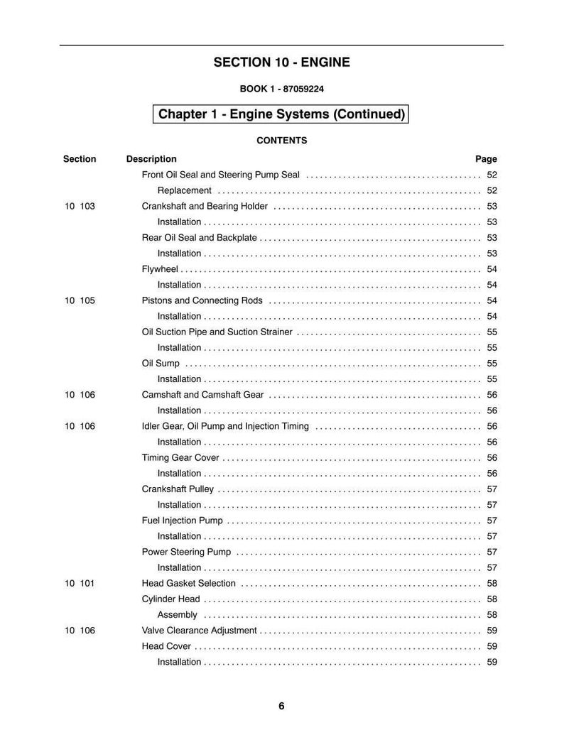 May include: A page from a manual titled "SECTION 10 - ENGINE" with a table of contents for engine systems. The table lists various engine components like seals, pulleys, and pumps, along with their corresponding page numbers.