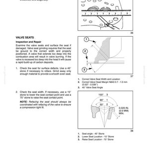May include: A technical manual page titled SECTION 10 - ENGINE - CHAPTER 1, featuring diagrams for valve seat inspection and repair. It includes illustrations of a cylinder head with a ruler, valve seat angles, and text detailing measurements.