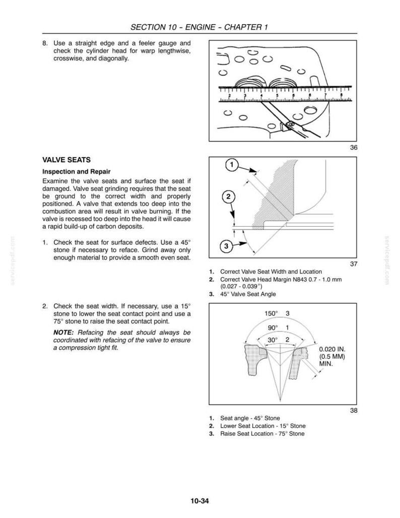 May include: A technical manual page titled SECTION 10 - ENGINE - CHAPTER 1, featuring diagrams for valve seat inspection and repair. It includes illustrations of a cylinder head with a ruler, valve seat angles, and text detailing measurements.