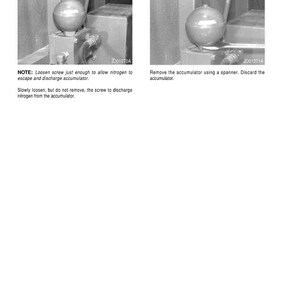 May include: Two images from a manual showing steps for removing an accumulator. Step 7 shows a screw being loosened. Step 8 shows the accumulator being removed with a spanner. Text includes instructions and part numbers.