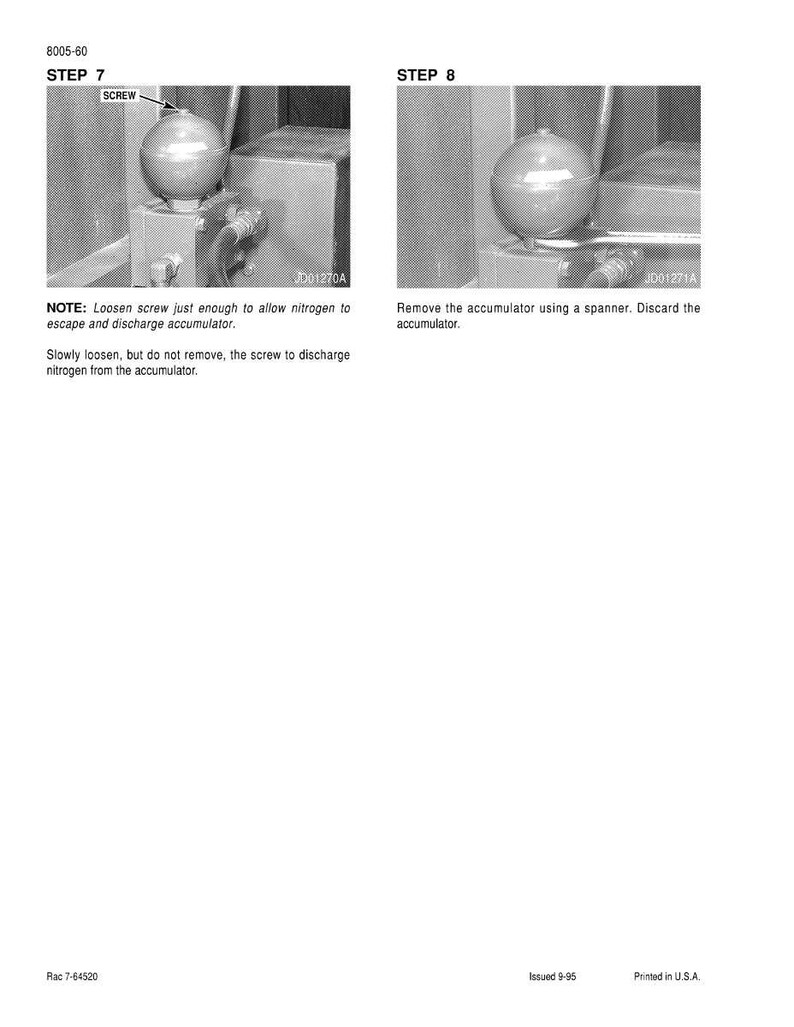 May include: Two images from a manual showing steps for removing an accumulator. Step 7 shows a screw being loosened. Step 8 shows the accumulator being removed with a spanner. Text includes instructions and part numbers.