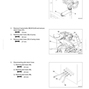 May include: Diagram of hydraulic oil tank removal steps, including removing clips, bolts, and hoses. Measurements are provided in millimeters. The image includes illustrations of the components and their connections.