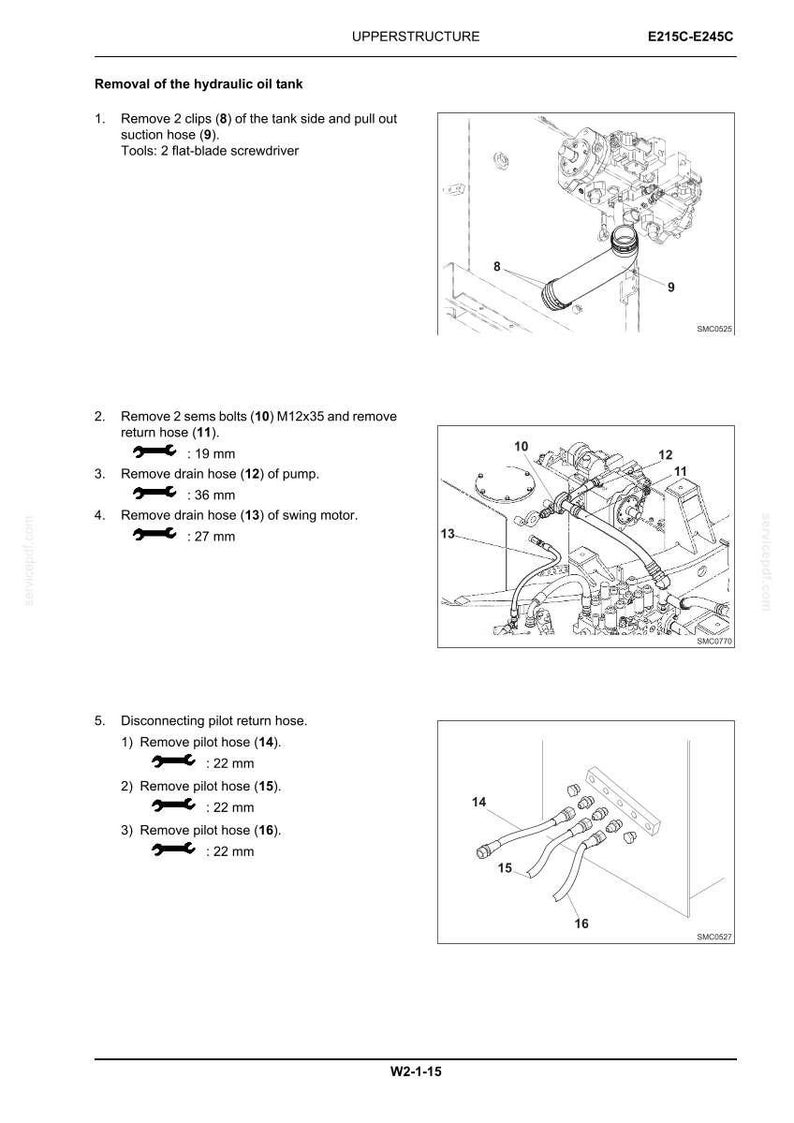 May include: Diagram of hydraulic oil tank removal steps, including removing clips, bolts, and hoses. Measurements are provided in millimeters. The image includes illustrations of the components and their connections.