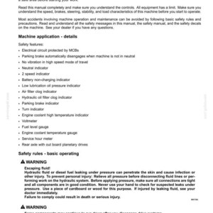 K&ouml;nnte beinhalten: Eine Seite aus einem Sicherheitsmanual mit dem Titel &bdquo;Sicherheitsinformationen&ldquo;. Der Text beschreibt Sicherheitsregeln, Details zur Maschinenanwendung und grundlegende Betriebssicherheitsregeln. Warnungen vor austretender Fl&uuml;ssigkeit und dem Abschalten von Antriebssystemen sind enthalten.