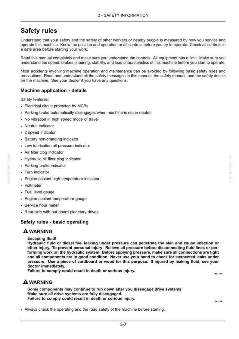 K&ouml;nnte beinhalten: Eine Seite aus einem Sicherheitsmanual mit dem Titel &bdquo;Sicherheitsinformationen&ldquo;. Der Text beschreibt Sicherheitsregeln, Details zur Maschinenanwendung und grundlegende Betriebssicherheitsregeln. Warnungen vor austretender Fl&uuml;ssigkeit und dem Abschalten von Antriebssystemen sind enthalten.