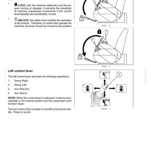 Puede incluir: Una p&aacute;gina de manual t&eacute;cnico titulada 3-CONTROLS/INSTRUMENTS que muestra diagramas de una palanca de seguridad con posiciones de bloqueo y desbloqueo, y una palanca de control izquierda con flechas direccionales y un bot&oacute;n de bocina 1.