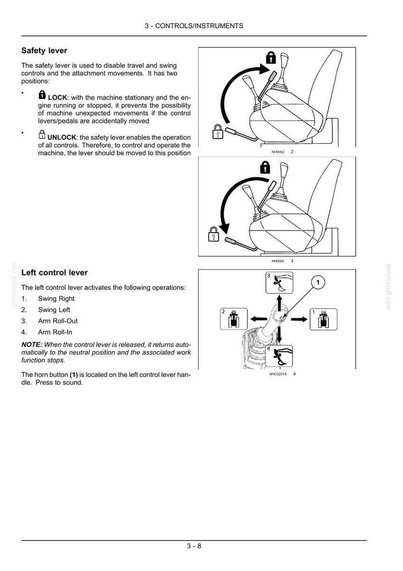 Puede incluir: Una p&aacute;gina de manual t&eacute;cnico titulada 3-CONTROLS/INSTRUMENTS que muestra diagramas de una palanca de seguridad con posiciones de bloqueo y desbloqueo, y una palanca de control izquierda con flechas direccionales y un bot&oacute;n de bocina 1.