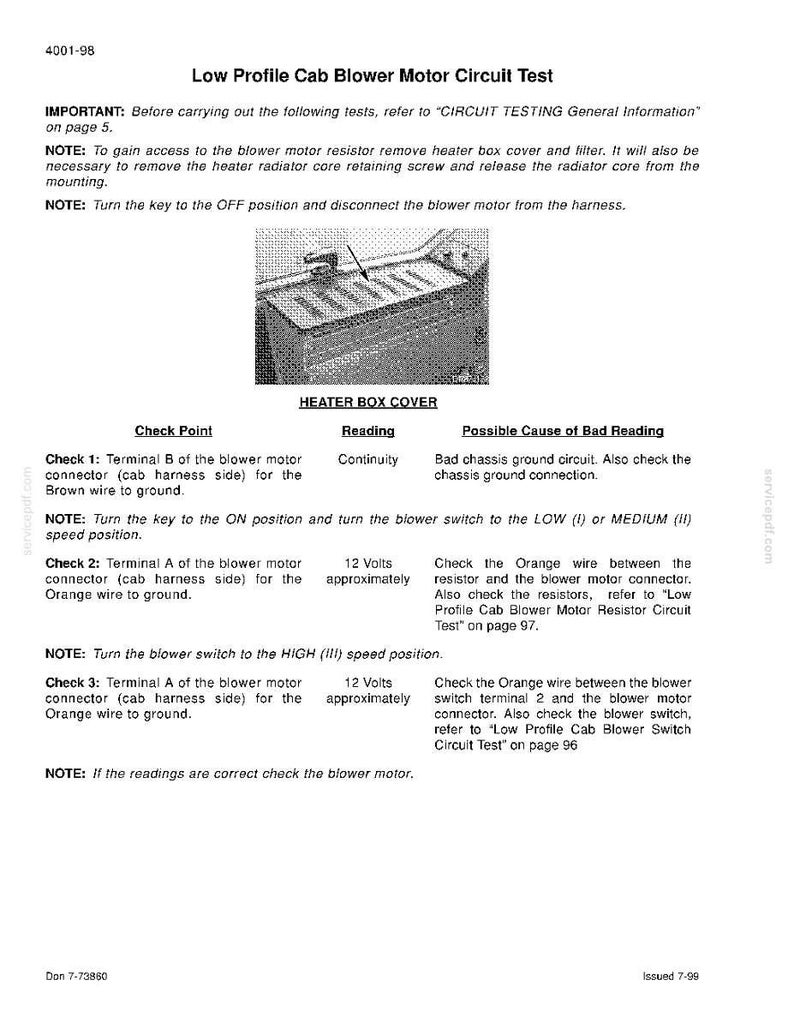 May include: A black and white document titled "Low Profile Cab Blower Motor Circuit Test." It includes instructions and diagrams for testing a car's blower motor. The document has text and a diagram of a heater box cover.