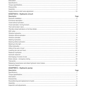 Op de afbeelding: Een pagina uit een handleiding met de titel "INHOUD", met hoofdstukken zoals "Trillingsmotor", "Hydraulisch circuit" en "Hydraulische pomp". De pagina bevat ook subonderwerpen met paginanummers.