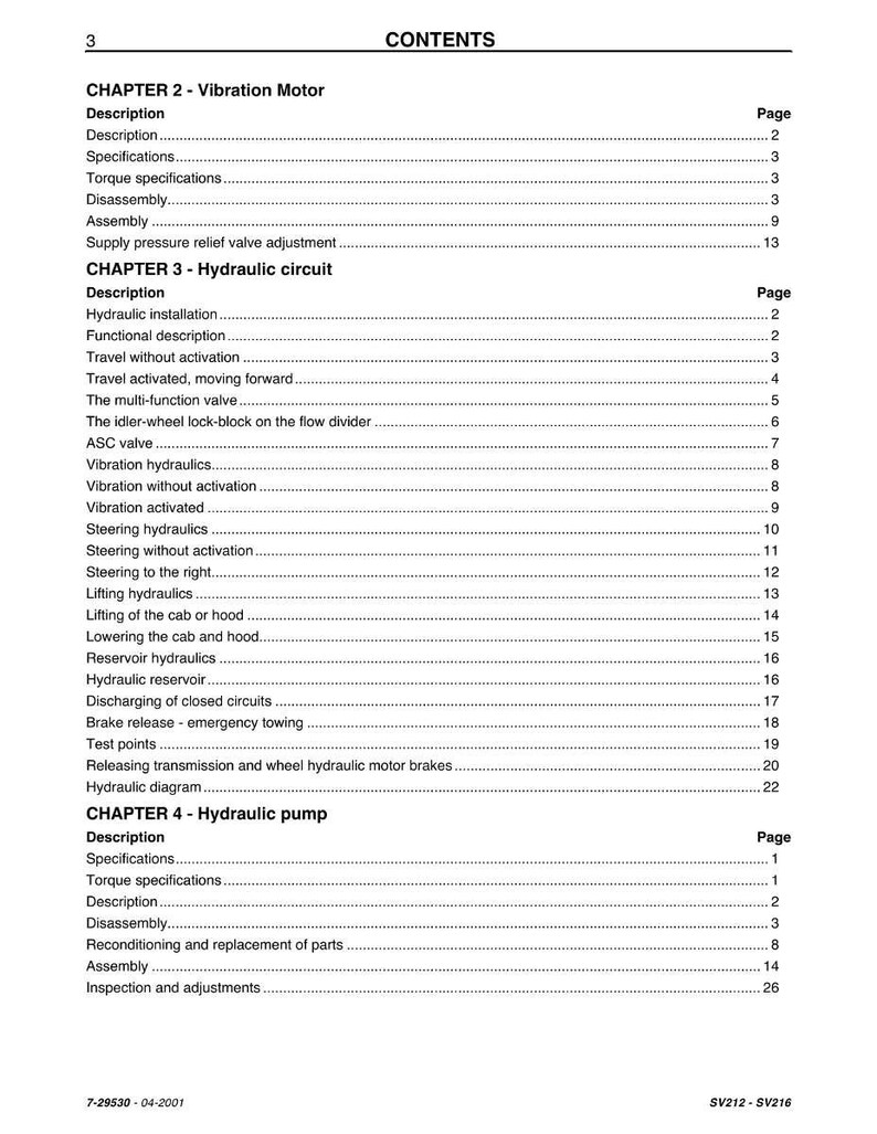 Op de afbeelding: Een pagina uit een handleiding met de titel "INHOUD", met hoofdstukken zoals "Trillingsmotor", "Hydraulisch circuit" en "Hydraulische pomp". De pagina bevat ook subonderwerpen met paginanummers.