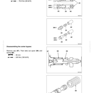 May include: A technical diagram of a control valve showing disassembly steps for BM-1, AM-1, and AM-2 plungers and a center bypass. It includes numbered parts like caps, spacers, springs, and spools with torque specs of 58 lbf-ft and 180 lbf-ft.