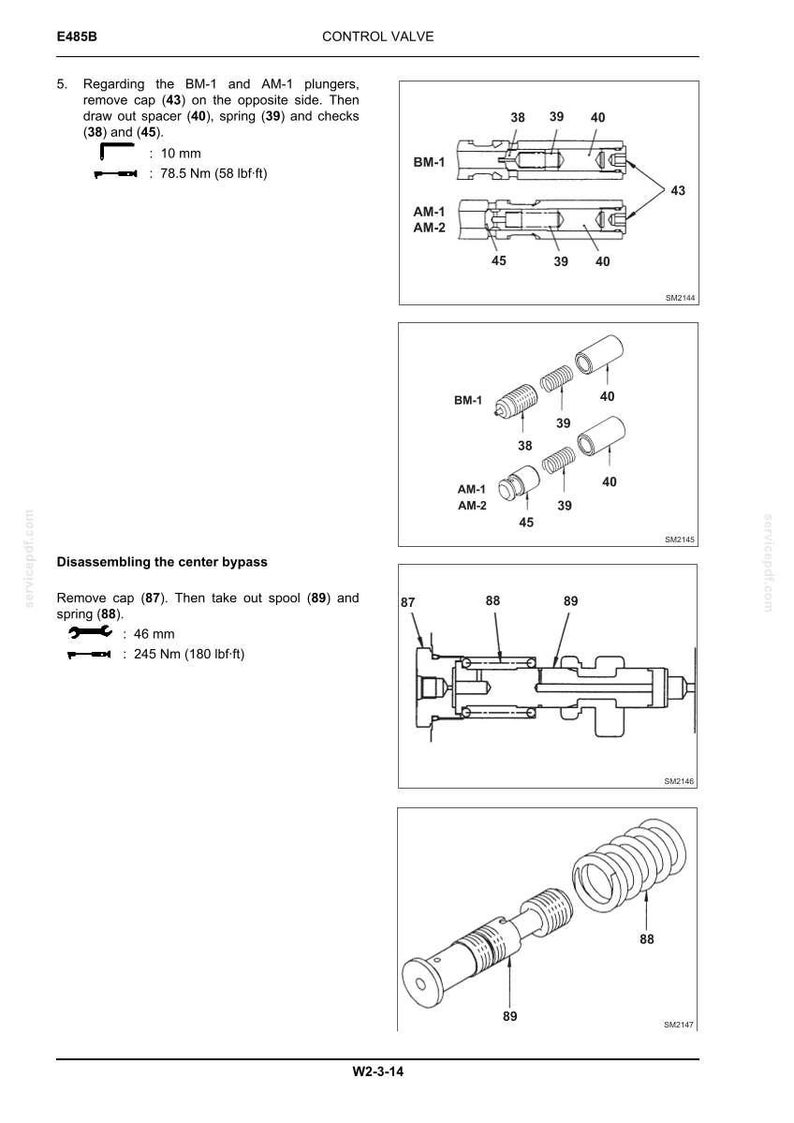 May include: A technical diagram of a control valve showing disassembly steps for BM-1, AM-1, and AM-2 plungers and a center bypass. It includes numbered parts like caps, spacers, springs, and spools with torque specs of 58 lbf-ft and 180 lbf-ft.