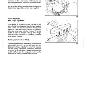 May include: A technical manual page titled SECTION 2 - CONTROLS, INSTRUMENTS AND OPERATION, featuring a deluxe air suspension seat. It includes two line drawings: one of the seat and one of the armrest controls with numbered switches 1, 2, and 3.