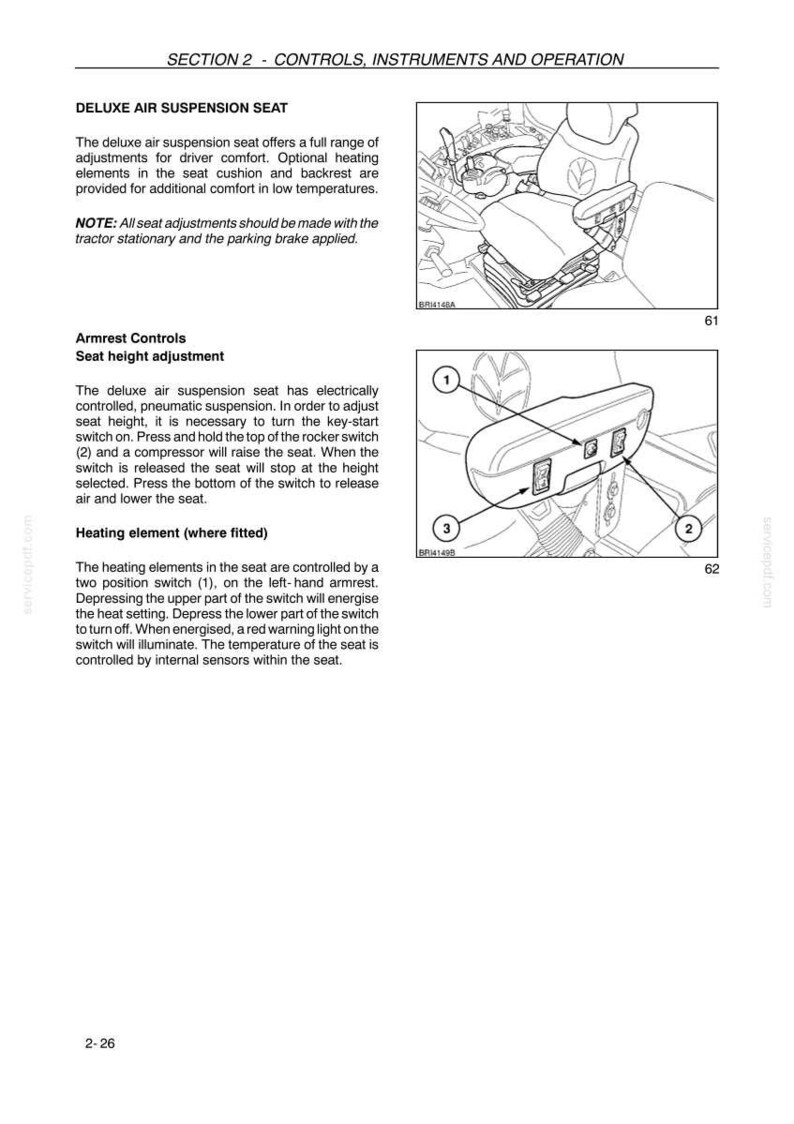 May include: A technical manual page titled SECTION 2 - CONTROLS, INSTRUMENTS AND OPERATION, featuring a deluxe air suspension seat. It includes two line drawings: one of the seat and one of the armrest controls with numbered switches 1, 2, and 3.