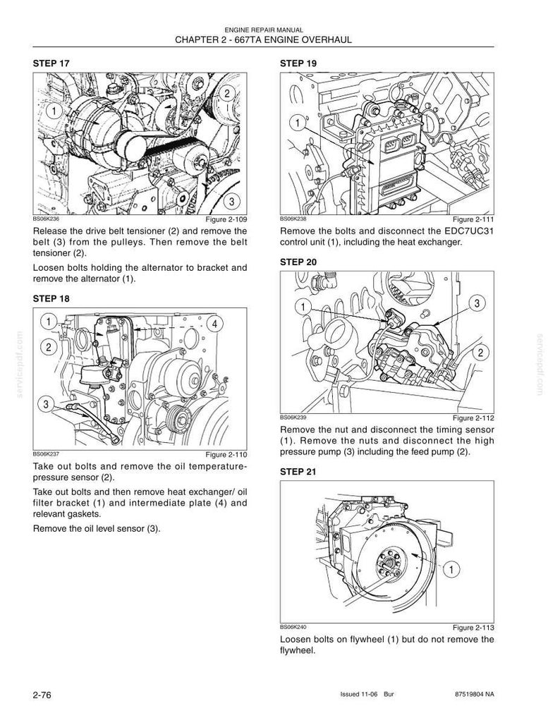 May include: A page from an engine repair manual titled Chapter 2 - 667TA Engine Overhaul. It contains technical line drawings labeled Step 17 through Step 21, showing engine components like pulleys, belts, sensors, and a flywheel with numbered parts.