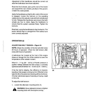 Pu&ograve; includere: Una pagina di manuale tecnico intitolata Sezione 3, Operazione 21 e 22, che descrive la regolazione del freno a mano e la tensione della cinghia della ventola. Include istruzioni testuali e un disegno al tratto in bianco e nero.