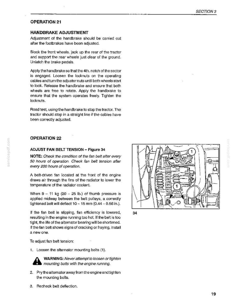 Pu&ograve; includere: Una pagina di manuale tecnico intitolata Sezione 3, Operazione 21 e 22, che descrive la regolazione del freno a mano e la tensione della cinghia della ventola. Include istruzioni testuali e un disegno al tratto in bianco e nero.
