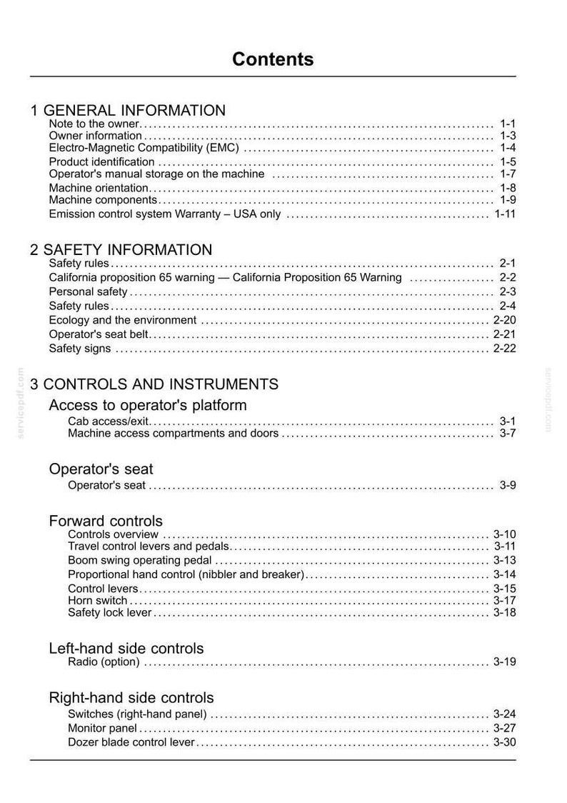 Op de afbeelding: Een pagina uit een handleiding met de titel "Inhoud" met secties over algemene en veiligheidsinformatie, bedieningselementen en instrumenten. De tekst bevat onderwerpen als veiligheidsregels, bestuurdersstoel en bedieningshendels. Het document is gedrukt op wit papier.