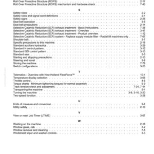 May include: A page from a technical manual index listing topics from R to W, including Selective Catalytic Reduction, safety rules, telematics, and machine maintenance procedures with corresponding page numbers for quick reference.