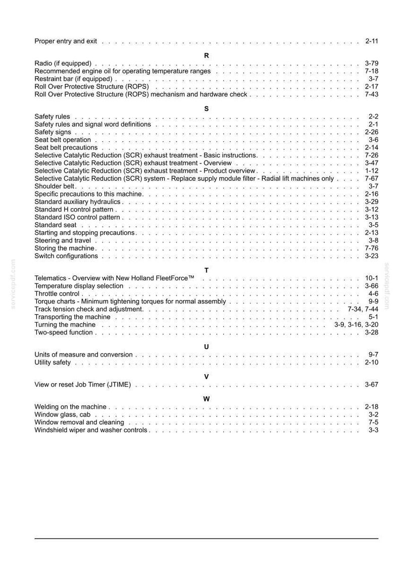May include: A page from a technical manual index listing topics from R to W, including Selective Catalytic Reduction, safety rules, telematics, and machine maintenance procedures with corresponding page numbers for quick reference.