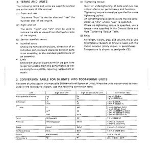May include: A technical document page titled Compilation of this Manual - Terms and Units, Conversion Table for SI Units into Foot-Pound Units. It defines terms like front, rear, right, left, nominal value, limit, and tightening torque, plus a table.