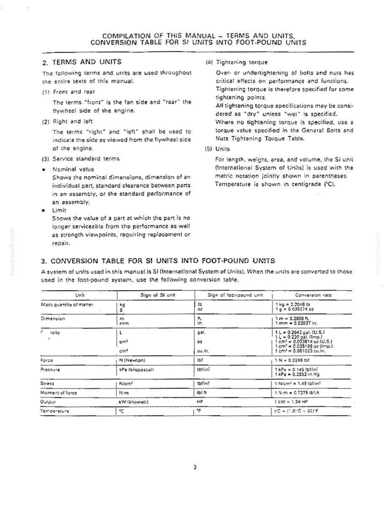 May include: A technical document page titled Compilation of this Manual - Terms and Units, Conversion Table for SI Units into Foot-Pound Units. It defines terms like front, rear, right, left, nominal value, limit, and tightening torque, plus a table.