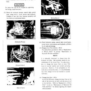May include: A technical manual page featuring black and white photographs of hydraulic components including a swing motor, travel motor, hydraulic pump, control valve, and swivel joint, accompanied by maintenance instructions and safety cautions.