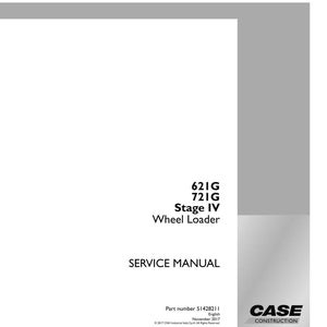 May include: A white service manual with the text "621G 721G Stage IV Wheel Loader SERVICE MANUAL". The Case Construction logo is in the bottom right corner. Part number 51428211 is visible.