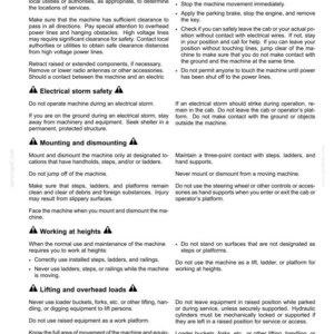 Puede incluir: Un documento en blanco y negro titulado 2-SAFETY INFORMATION que contiene pautas de seguridad para maquinaria pesada. Las secciones incluyen seguridad de servicios p&uacute;blicos, tormentas el&eacute;ctricas, montaje, trabajo en altura y cargas.