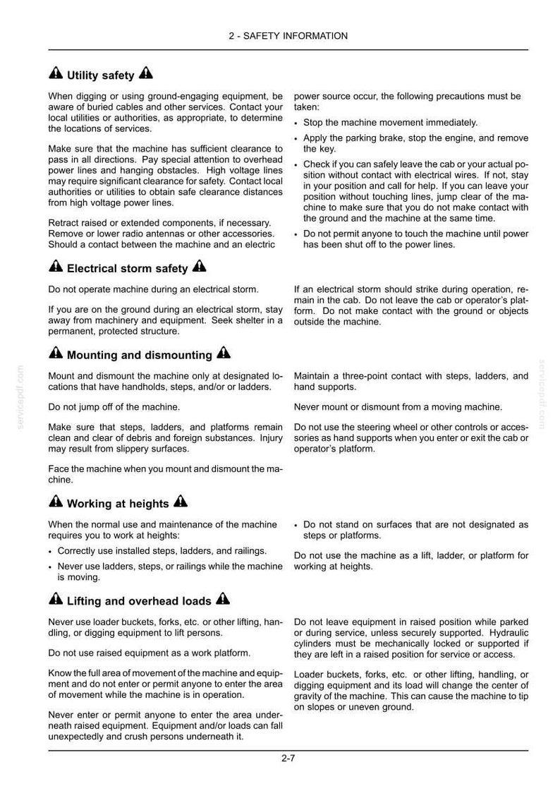 Puede incluir: Un documento en blanco y negro titulado 2-SAFETY INFORMATION que contiene pautas de seguridad para maquinaria pesada. Las secciones incluyen seguridad de servicios p&uacute;blicos, tormentas el&eacute;ctricas, montaje, trabajo en altura y cargas.