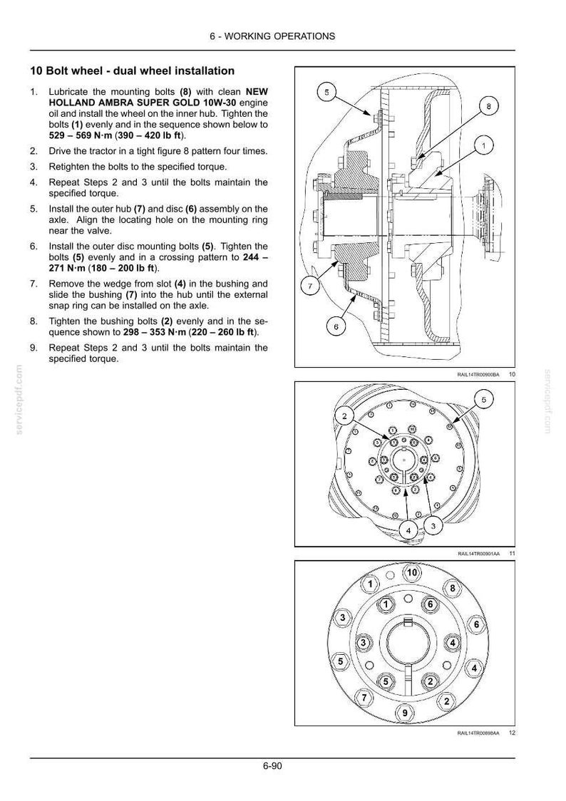 Pu&ograve; includere: Una pagina di manuale tecnico intitolata 6-WORKING OPERATIONS che descrive l'installazione di ruote gemellate a 10 bulloni. Presenta disegni al tratto in bianco e nero di mozzi ruota, componenti numerati e uno schema di serraggio.