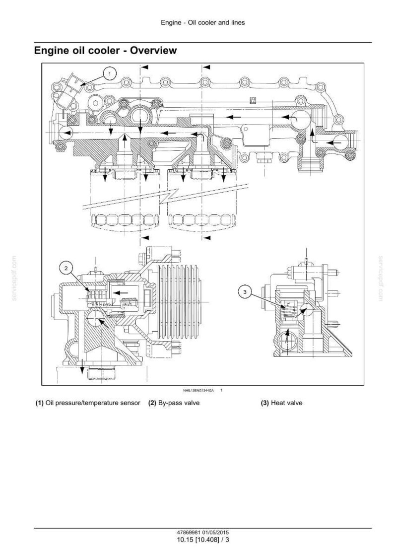 May include: Detailed technical diagram of an engine oil cooler, labeled "Engine oil cooler - Overview." The diagram shows various components, including an oil pressure/temperature sensor, a by-pass valve, and a heat valve, with arrows indicating fluid flow.