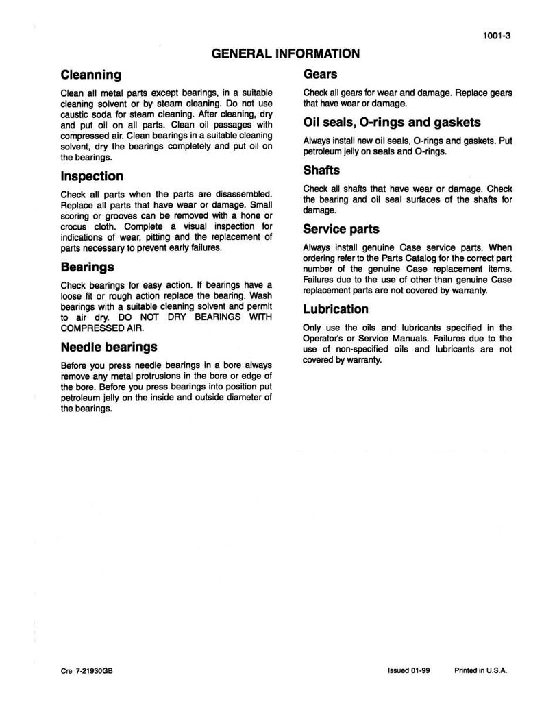Puede incluir: Una p&aacute;gina de manual titulada "INFORMACI&Oacute;N GENERAL". El texto detalla instrucciones para la limpieza, inspecci&oacute;n y mantenimiento de componentes mec&aacute;nicos, incluyendo engranajes, rodamientos y retenes de aceite. El documento incluye un n&uacute;mero de referencia y est&aacute; impreso en EE. UU.