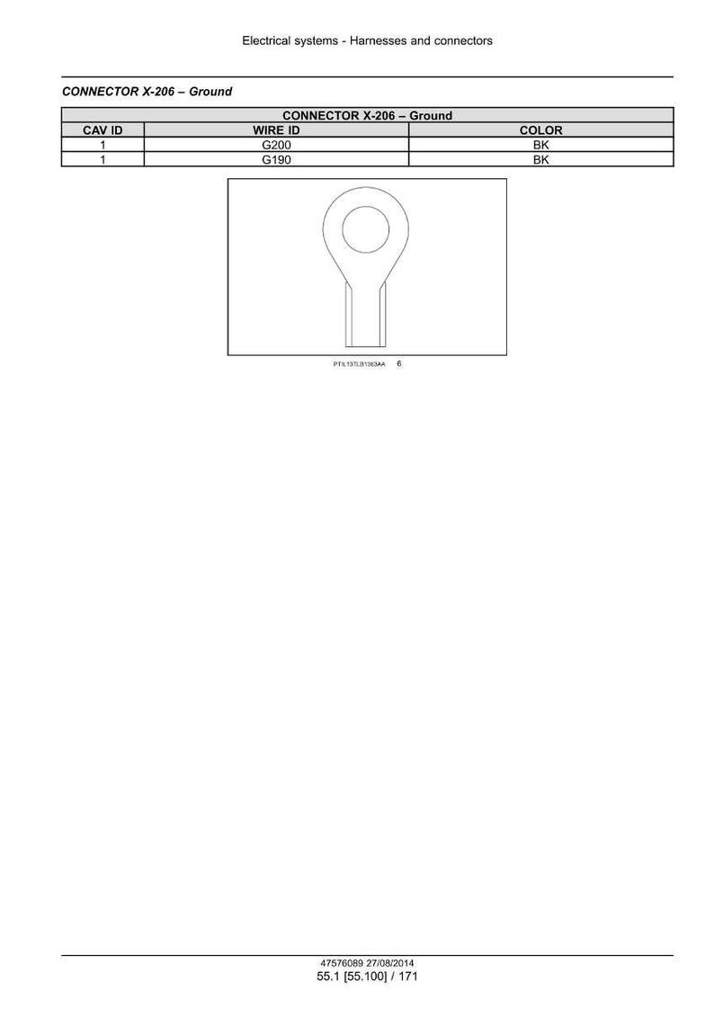 May include: Diagram of an electrical connector, labeled "CONNECTOR X-206 - Ground." The image includes a table with wire and color information, and a detailed illustration of the connector's shape.