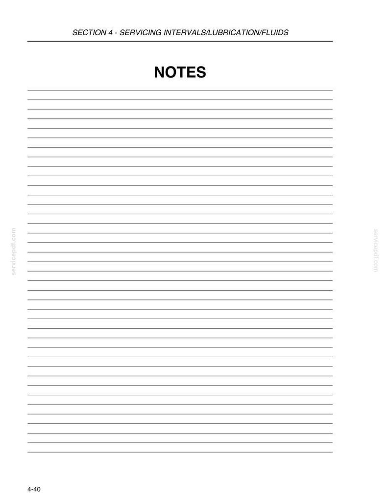 May include: A white page with horizontal lines for writing notes. The text "SECTION 4 - SERVICING INTERVALS/LUBRICATION/FLUIDS" is at the top, and "NOTES" is centered. The page is from a manual.